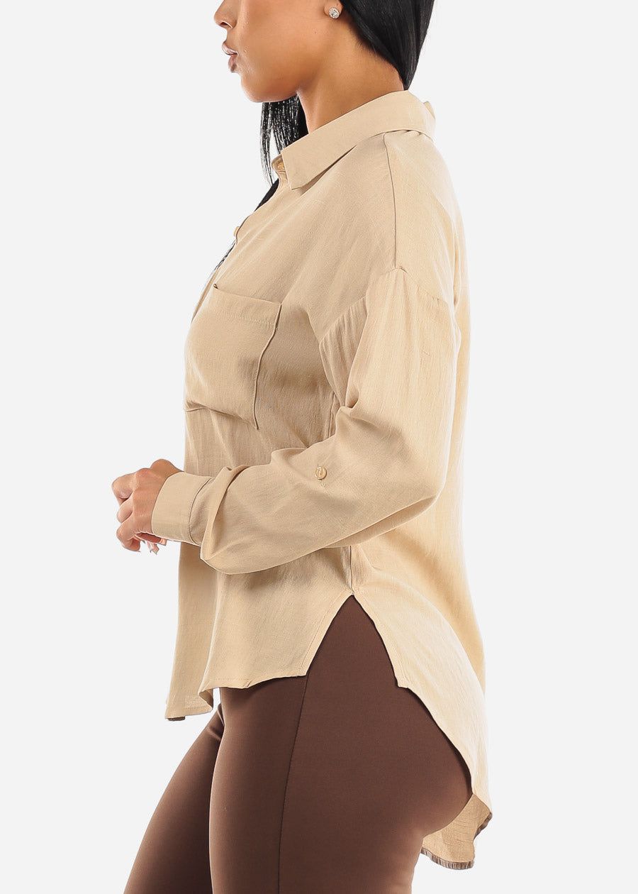 Relaxed Fit Long Sleeve Collared Blouse Beige sold by Moda product image thumbnail 3