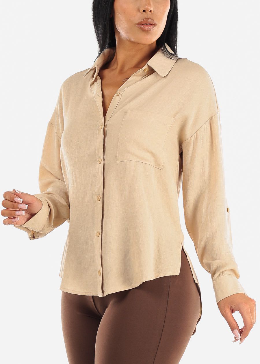 Relaxed Fit Long Sleeve Collared Blouse Beige sold by Moda