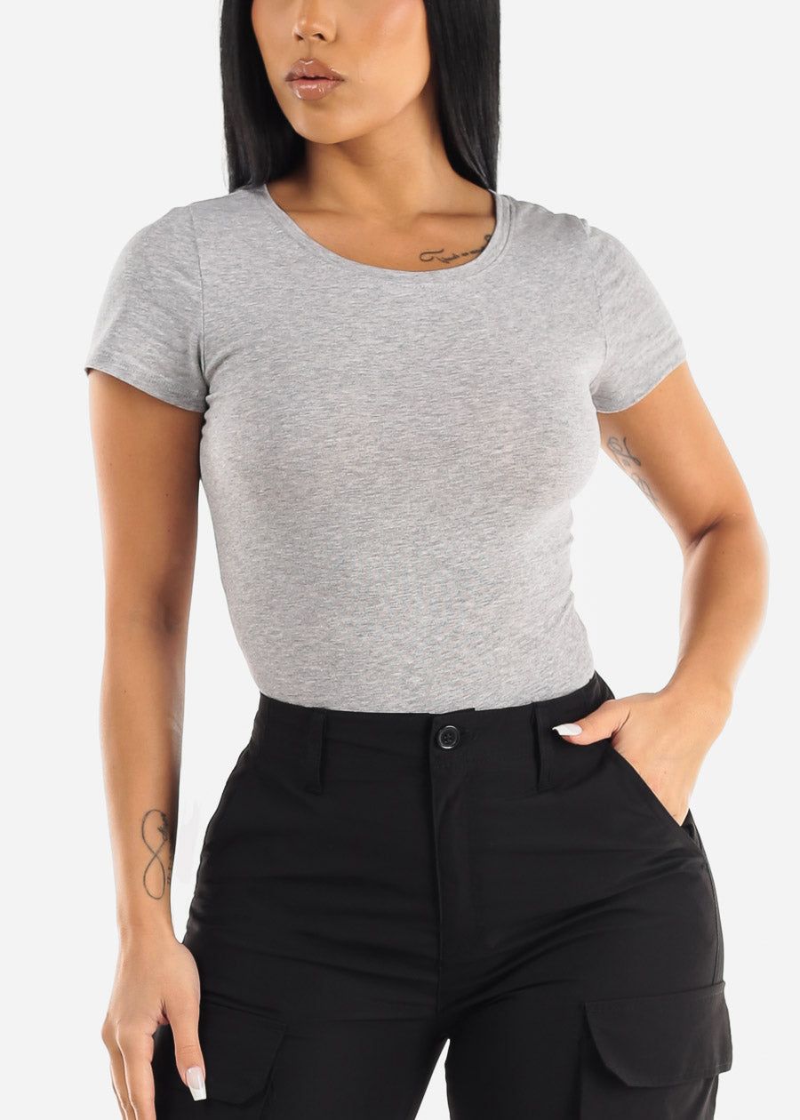 Short Sleeve Crewneck Thong Bodysuit Grey sold by Moda product image thumbnail 5