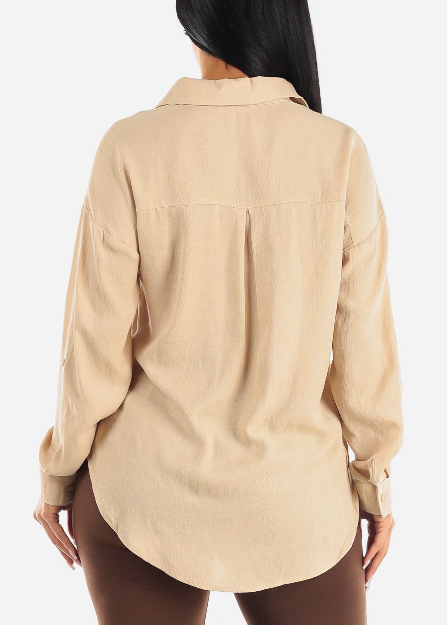 Relaxed Fit Long Sleeve Collared Blouse Beige sold by Moda product image thumbnail 4