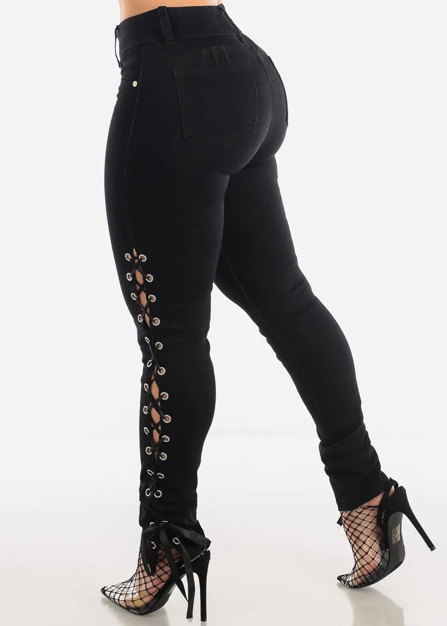 Black Butt Lifting Skinny Jeans w Lace Up Sides sold by Moda