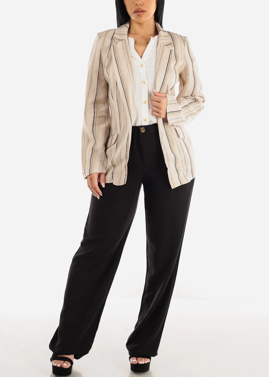 Linen Long Sleeve Open Front Stripe Blazer Mocha sold by Moda product image thumbnail 2