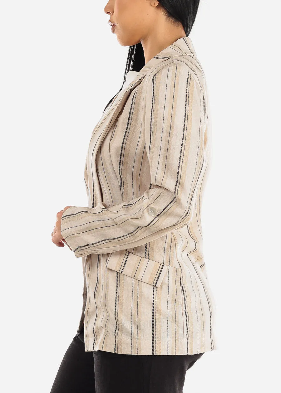 Linen Long Sleeve Open Front Stripe Blazer Mocha sold by Moda product image thumbnail 3