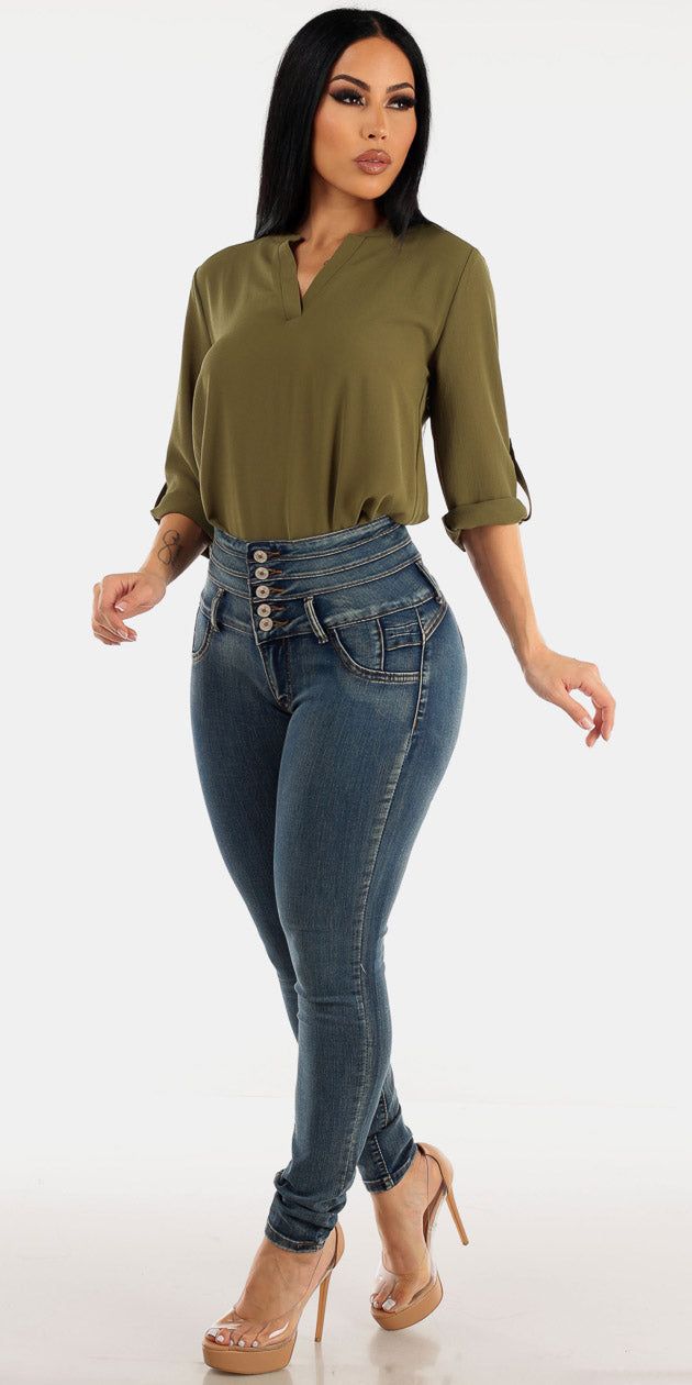 Olive Blouse Skinny Denim Look sold by Moda