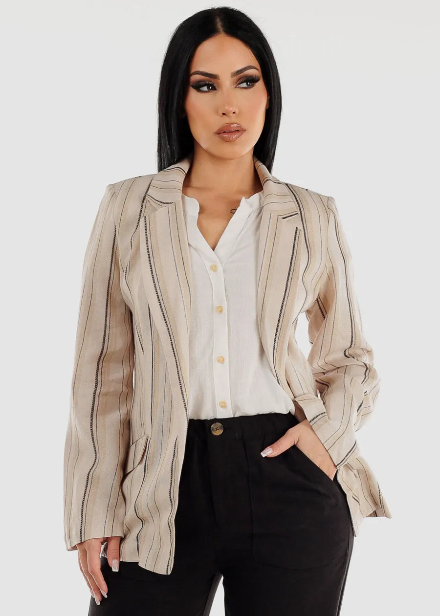 Linen Long Sleeve Open Front Stripe Blazer Mocha sold by Moda