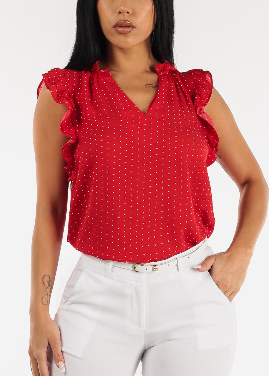 Sleeveless Polka Dot Chiffon Blouse Red w Ruffle Details sold by Moda