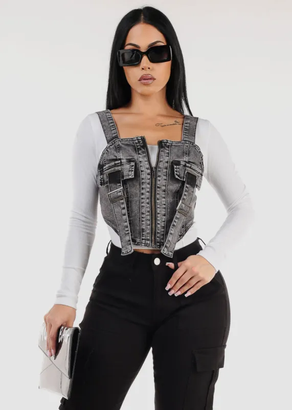 Sleeveless Acid Wash Denim Vest Black made by American Bazi