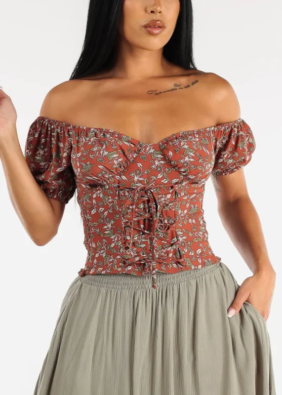 Floral Lace Up Off Shoulder Top Rust made by Moda