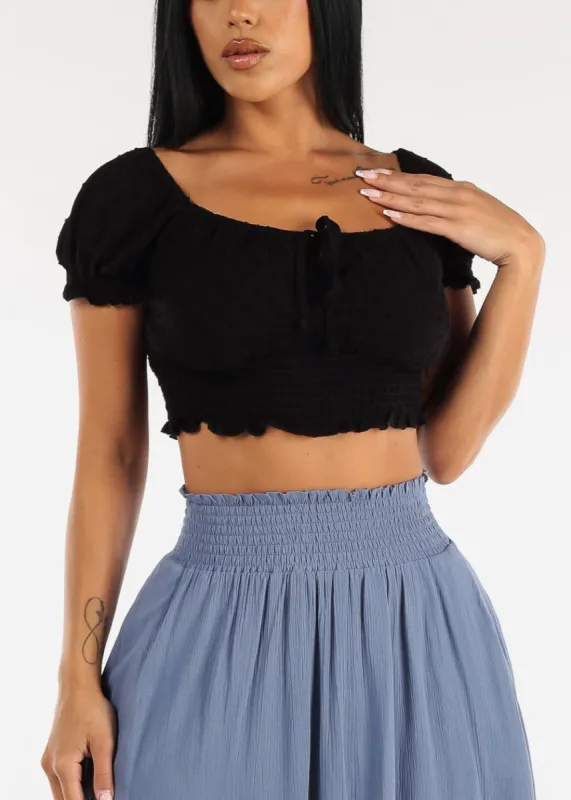 Black Smocked Hem Short Puff Sleeve Crop Top sold by Moda