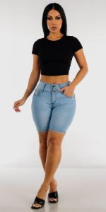 Mid Thigh Butt Lifting Denim Shorts with Black Crewneck Crop Top sold by Moda