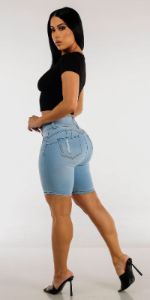 Mid Thigh Butt Lifting Denim Shorts with Black Crewneck Crop Top sold by Moda