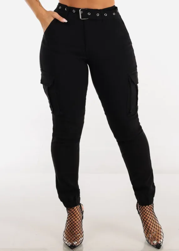 Black Hyper Stretch High Rise Cargo Jogger Pants w Belt sold by Moda