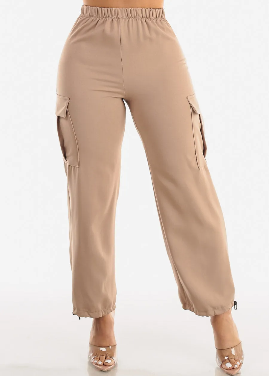 High Waist Drawstring Hem Cargo Pants Beige sold by Moda