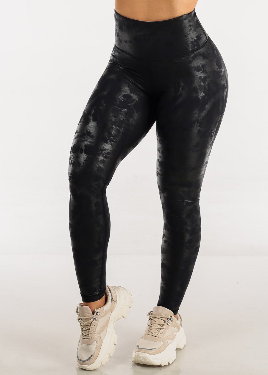 MONO B Activewear High Rise Metallic Printed Leggings Navy & Black sold by Moda