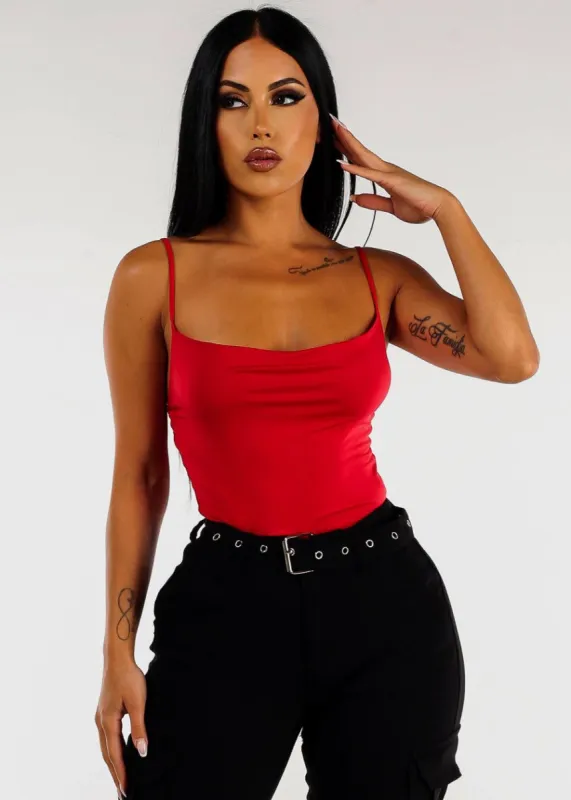 Red Spaghetti Strap Cowl Neckline Thong Bodysuit sold by Moda