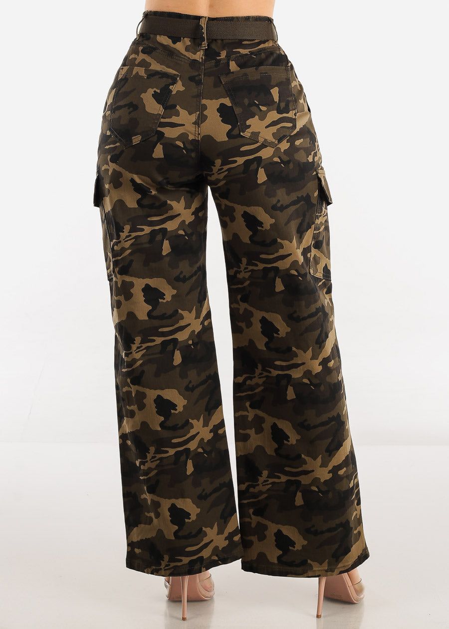 High Waist Straight Wide Leg Camouflage Cargo Pants w Belt sold by Moda product image thumbnail 4