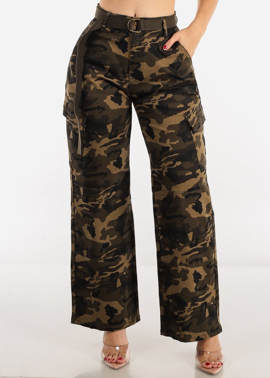 High Waist Straight Wide Leg Camouflage Cargo Pants w Belt sold by Moda