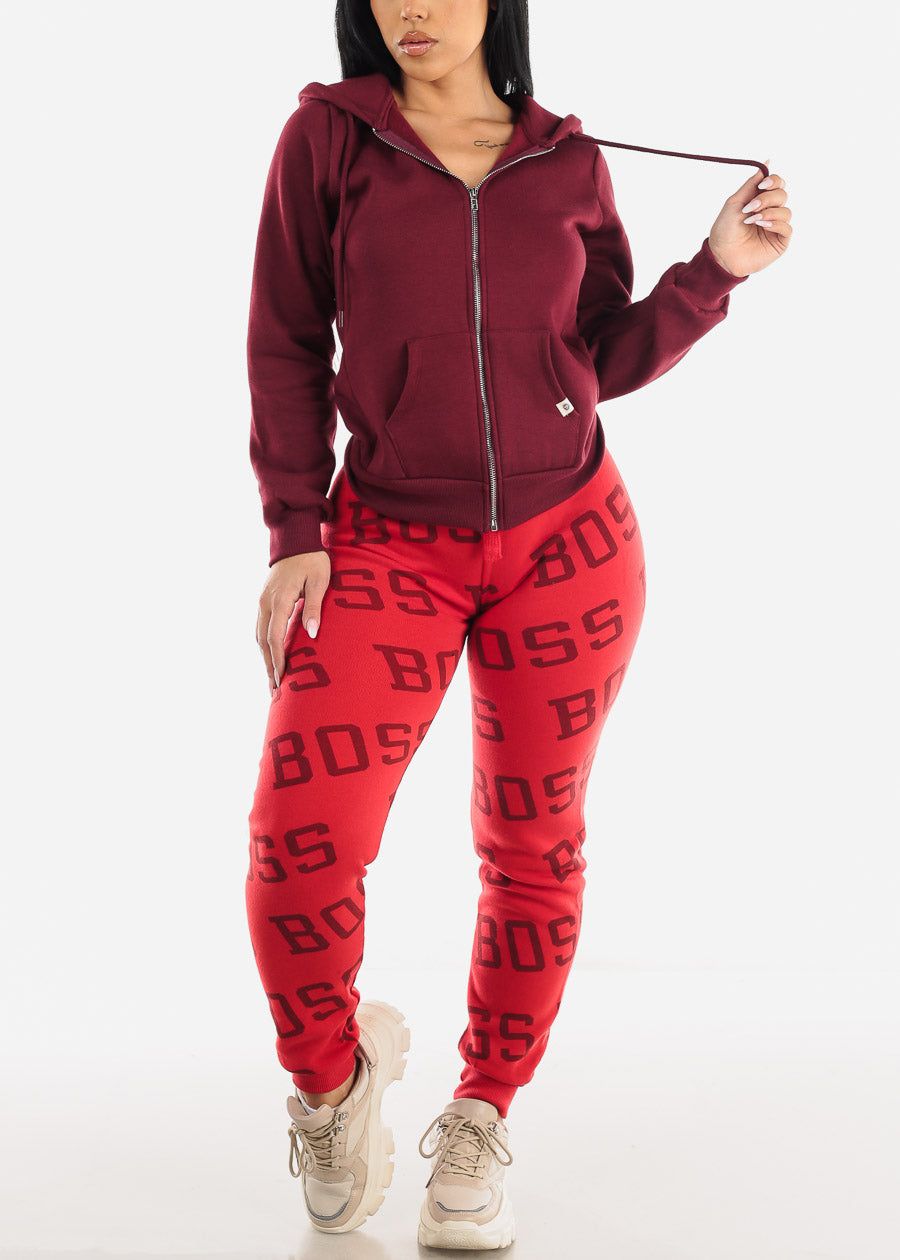 Fleece Zip Up Long Sleeve Hoodie Burgundy sold by Moda product image thumbnail 2