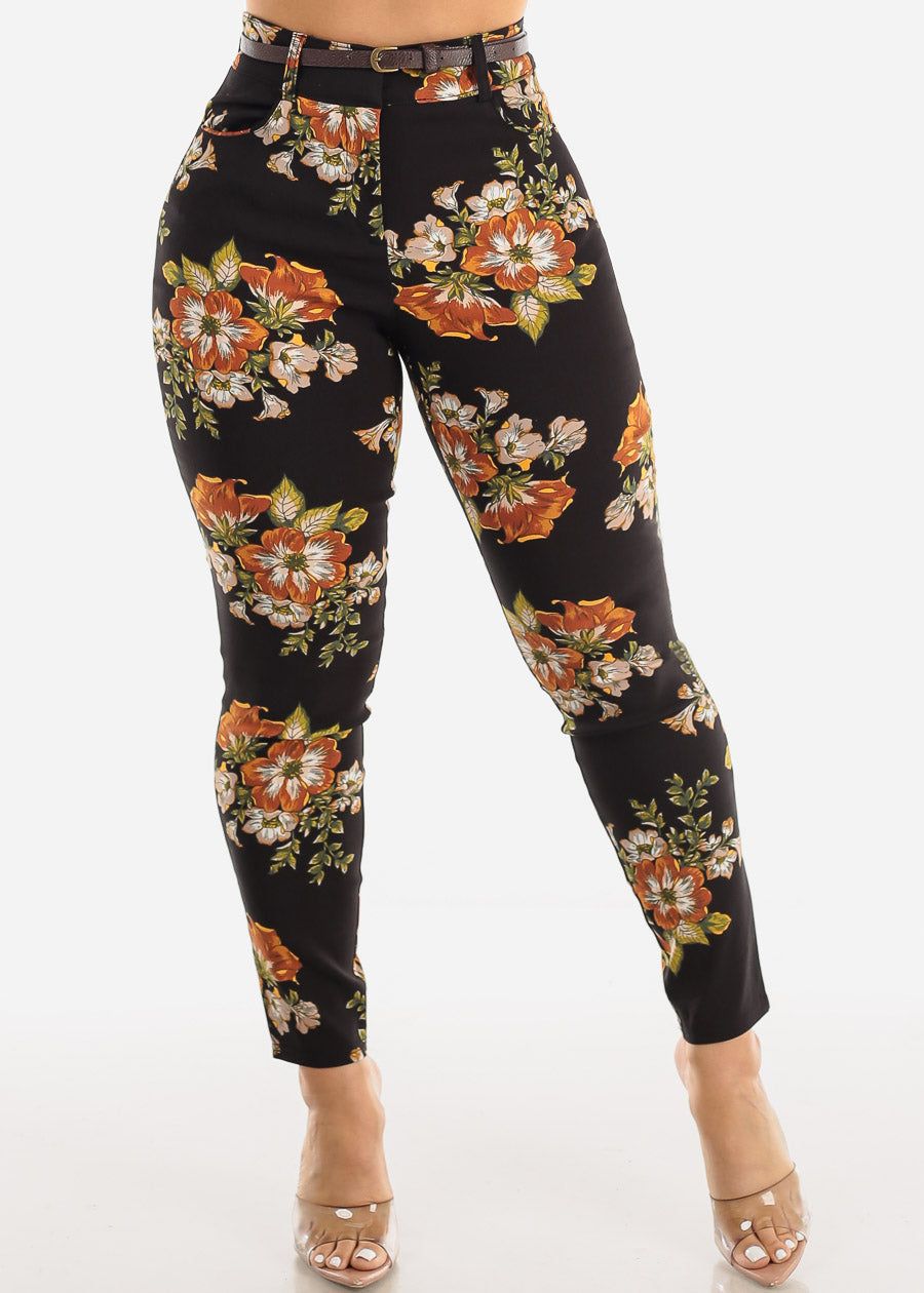 Black High Waist Floral Dressy Skinny Pants w Belt sold by Moda