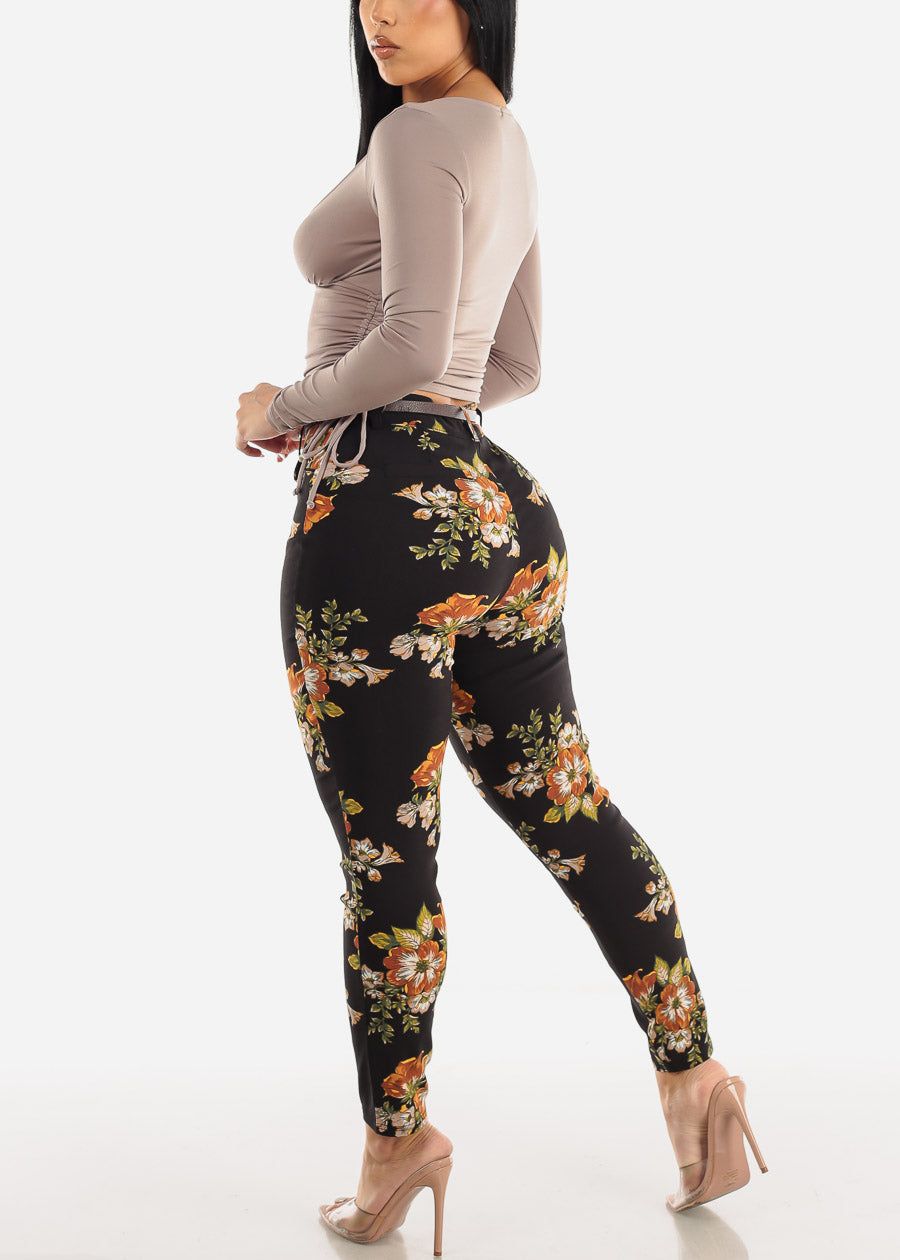 Black High Waist Floral Dressy Skinny Pants w Belt sold by Moda product image thumbnail 5