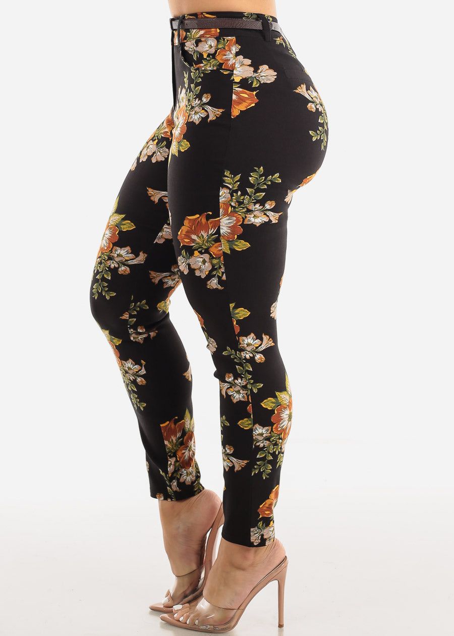 Black High Waist Floral Dressy Skinny Pants w Belt sold by Moda product image thumbnail 3