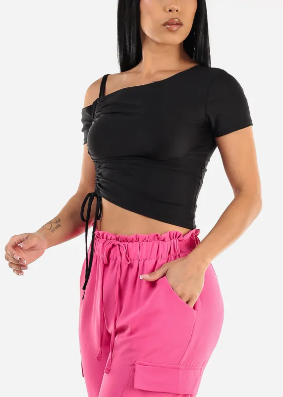 Cold Shoulder Black Ruched Top sold by Moda