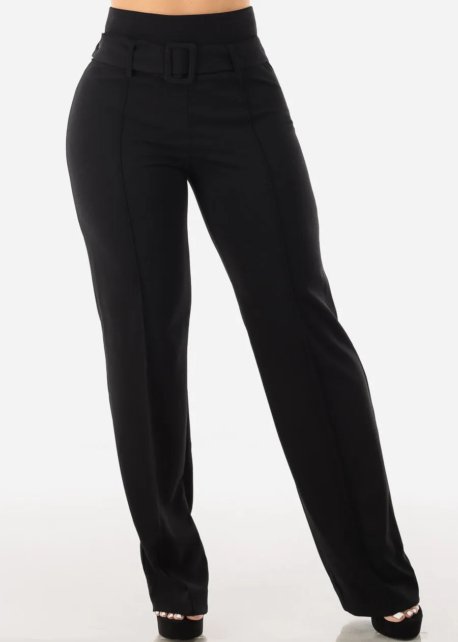 Black Straight Wide Leg Stretch Dress Pants w Belt sold by Moda