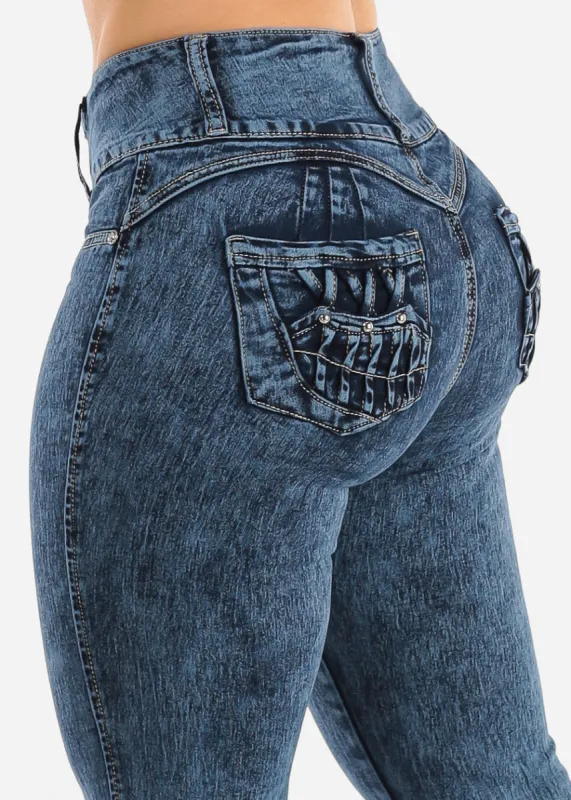 High Waist Butt Lift Acid Wash Skinny Jeans sold by Moda