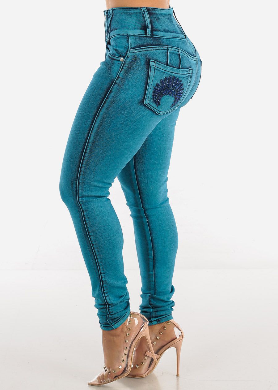High Waisted Teal Levantacola Skinny Jeans sold by Moda product image thumbnail 4