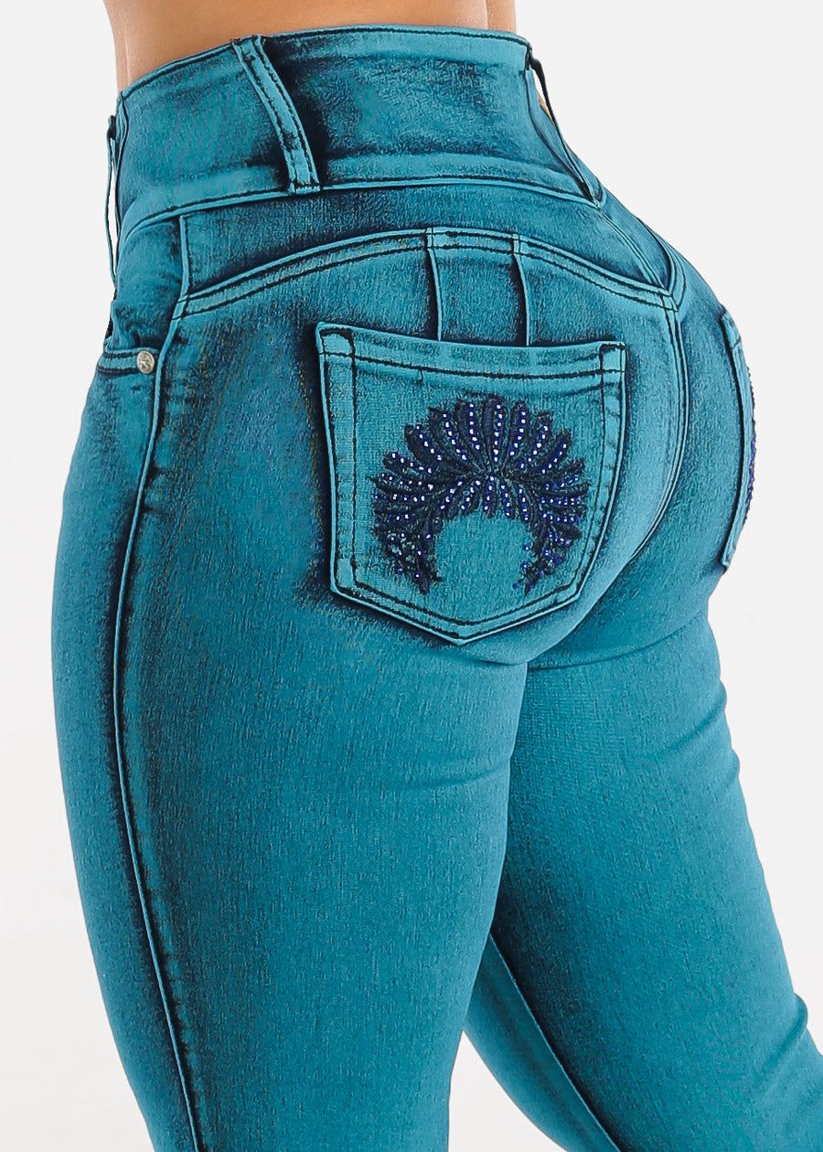 High Waisted Teal Levantacola Skinny Jeans sold by Moda