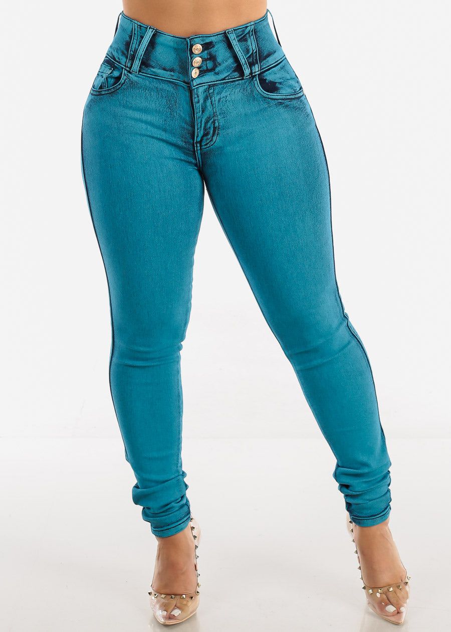 High Waisted Teal Levantacola Skinny Jeans sold by Moda product image thumbnail 3