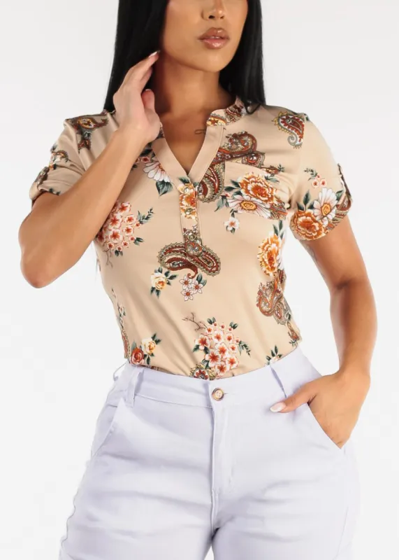 Short Sleeve Half Button Up Floral Blouse Taupe sold by Moda