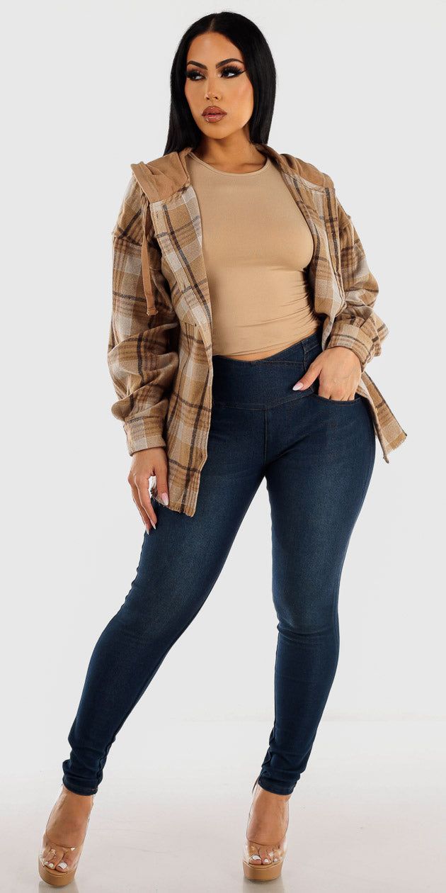 Butt Lifting Blue Denim Jeggings Beige Long Sleeve Ruched Sides Top and Khaki Button Down Plaid Shacket sold by Moda