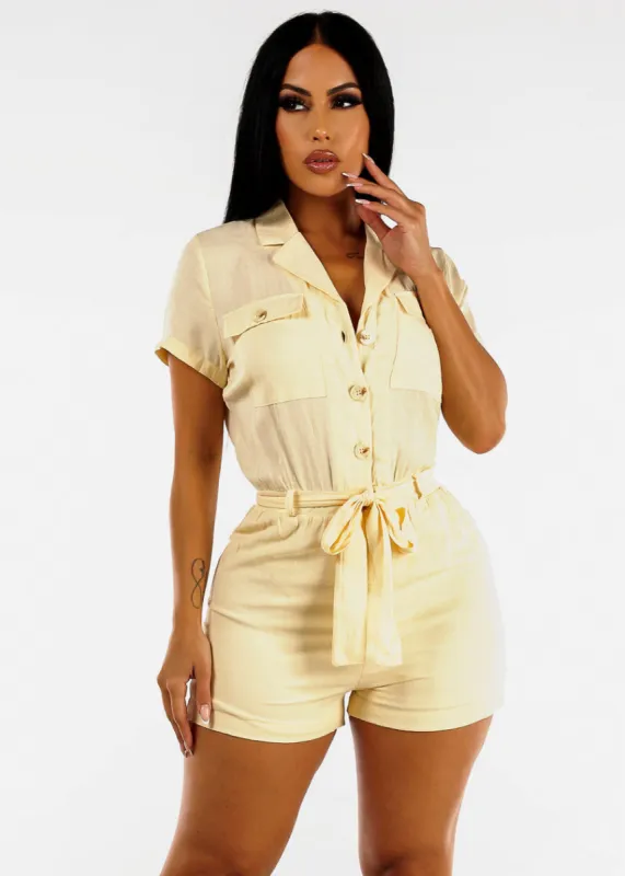 Short Sleeve Button Up Belted Romper Light Yellow sold by Moda