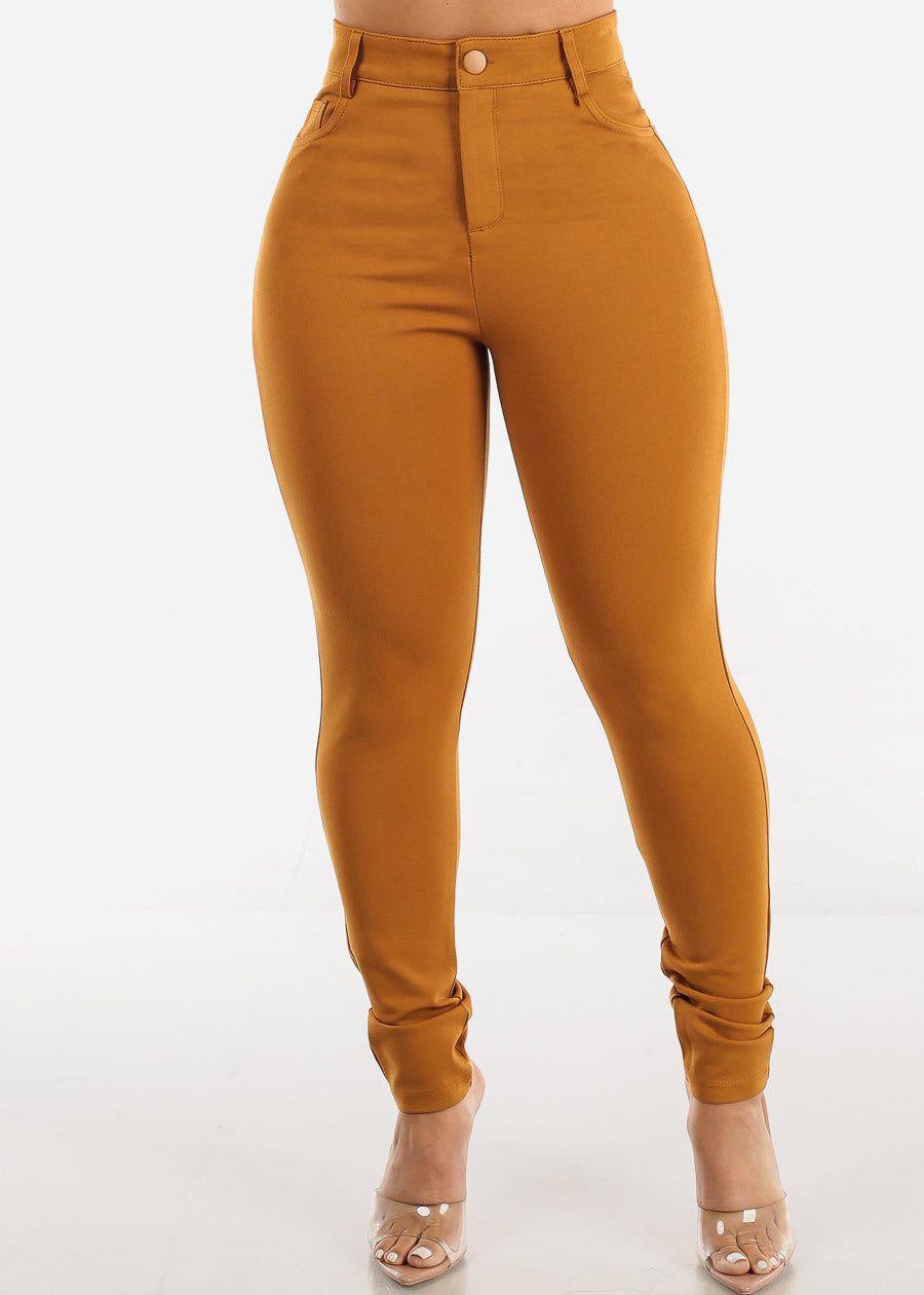 High Waisted Ponte Skinny Pants Camel sold by Moda