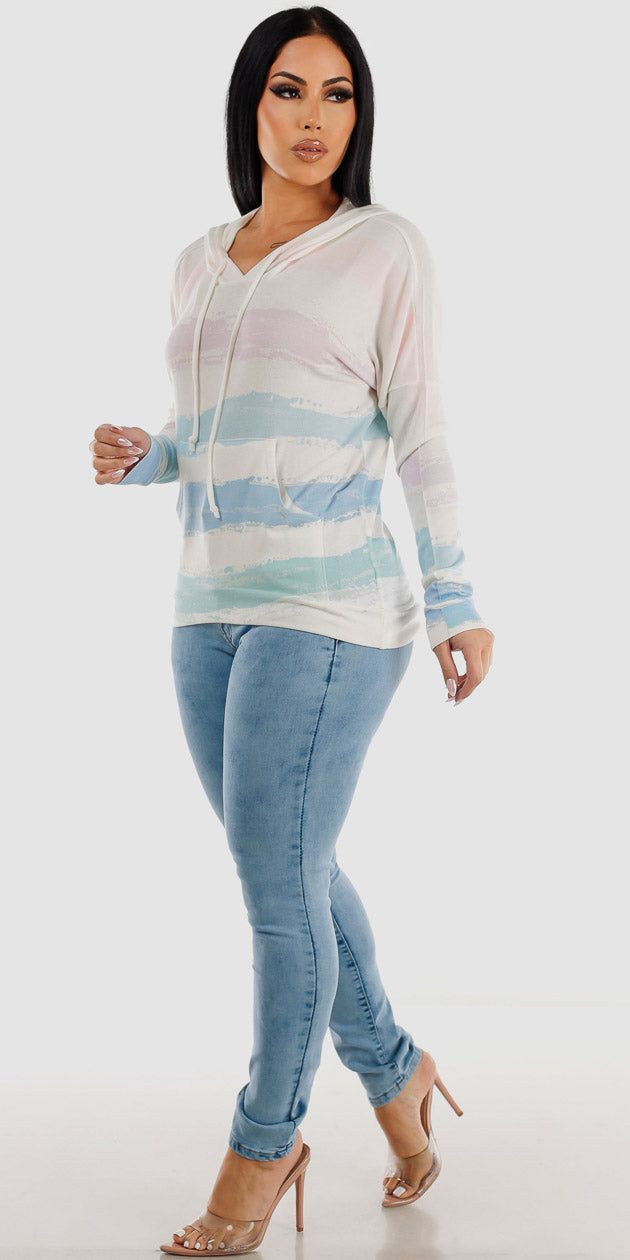 High Waisted Acid Wash Levantacola Skinny Jeans with White Long Sleeve Stripe Pullover Hoodie sold by Moda
