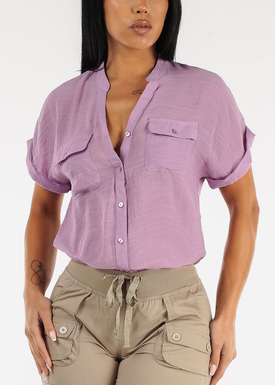 Short Sleeve Vneck Button Up Shirt Lavender sold by Moda