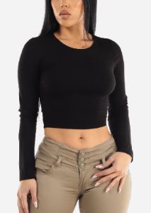 Ribbed Crewneck Long Sleeve Black Crop Top sold by Moda