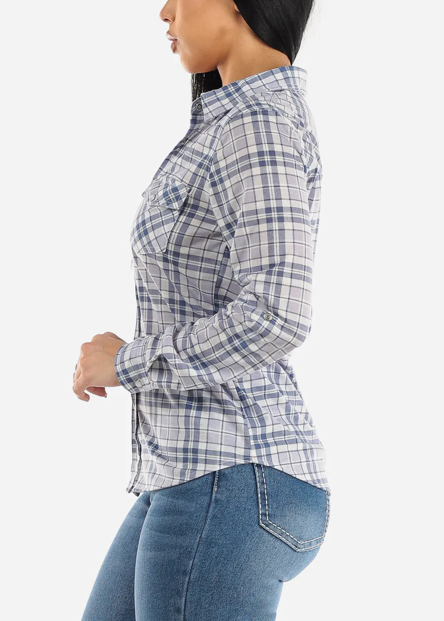 Long Sleeve Snap Button Plaid Shirt Blue & Grey sold by Moda product image thumbnail 3