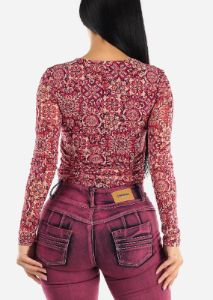 Long Sleeve Ruched Sides Floral Mesh Crop Top Burgundy sold by Moda