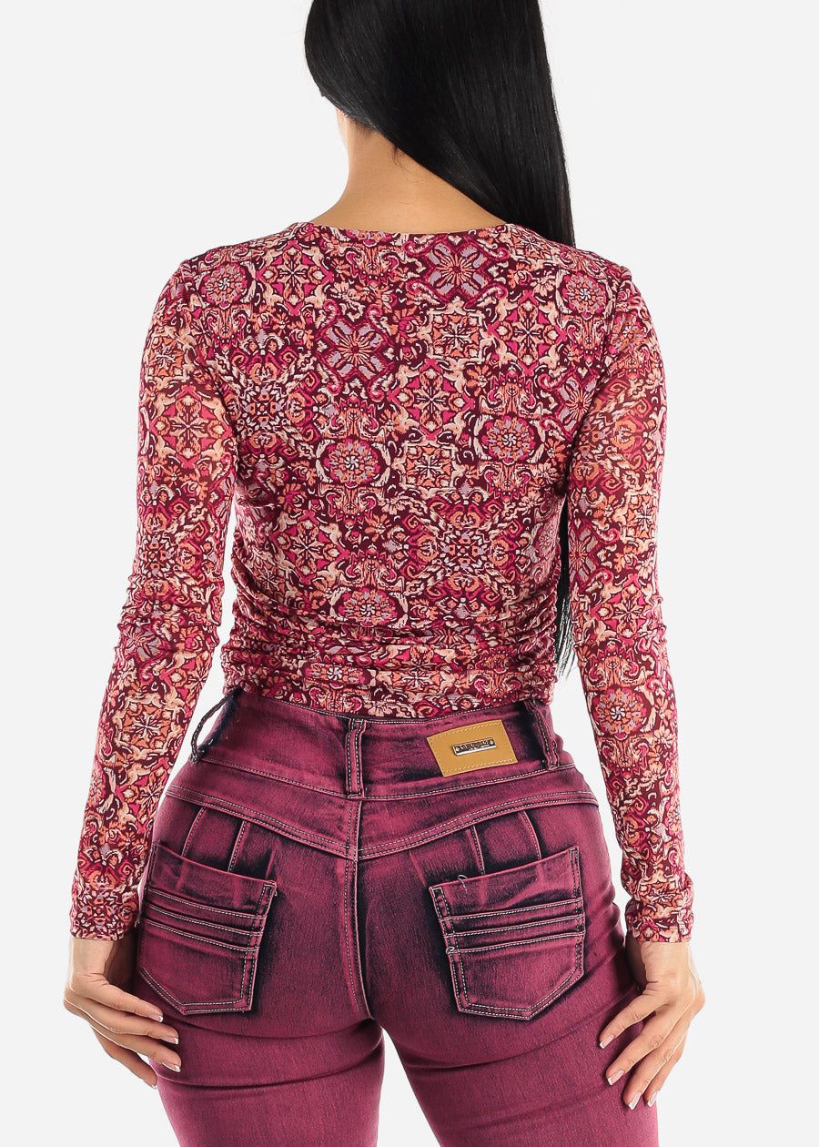 Long Sleeve Ruched Sides Floral Mesh Crop Top Burgundy sold by Moda product image thumbnail 4