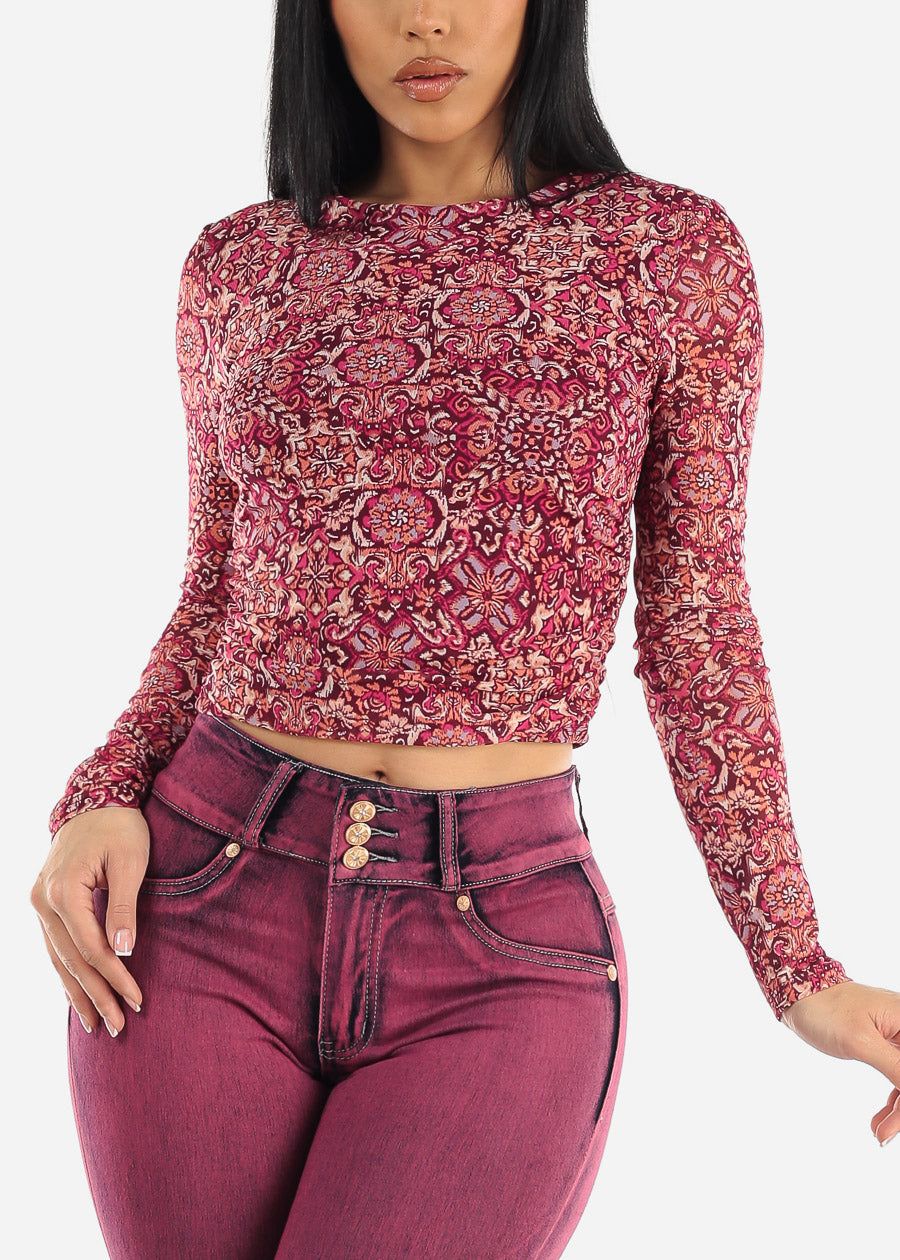 Long Sleeve Ruched Sides Floral Mesh Crop Top Burgundy sold by Moda