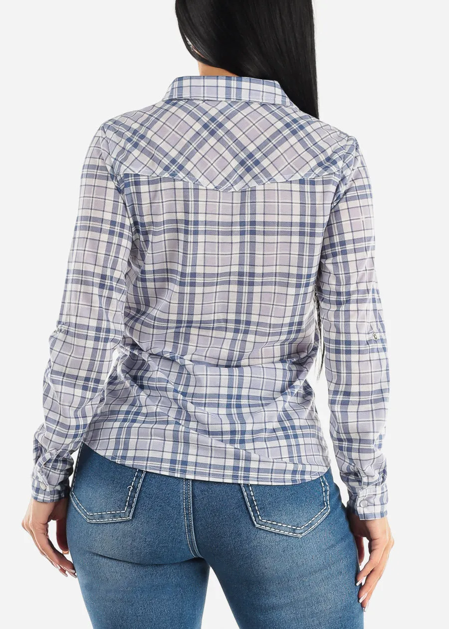 Long Sleeve Snap Button Plaid Shirt Blue & Grey sold by Moda product image thumbnail 4