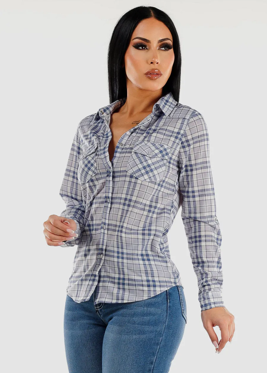 Long Sleeve Snap Button Plaid Shirt Blue & Grey sold by Moda