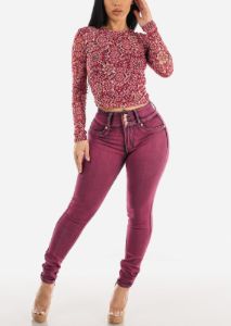 Long Sleeve Ruched Sides Floral Mesh Crop Top Burgundy sold by Moda