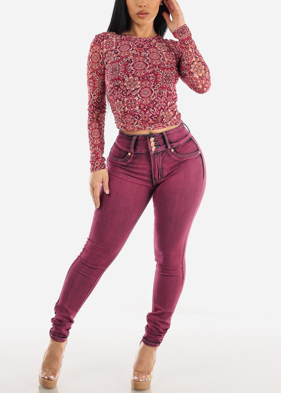 Long Sleeve Ruched Sides Floral Mesh Crop Top Burgundy sold by Moda product image thumbnail 2