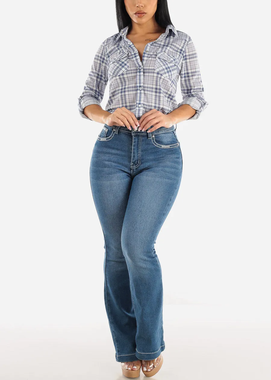 Long Sleeve Snap Button Plaid Shirt Blue & Grey sold by Moda product image thumbnail 2