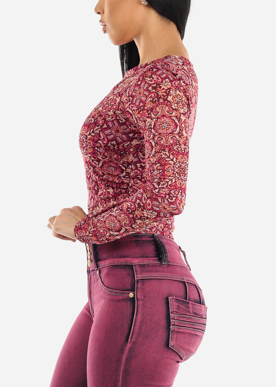 Long Sleeve Ruched Sides Floral Mesh Crop Top Burgundy sold by Moda product image thumbnail 3