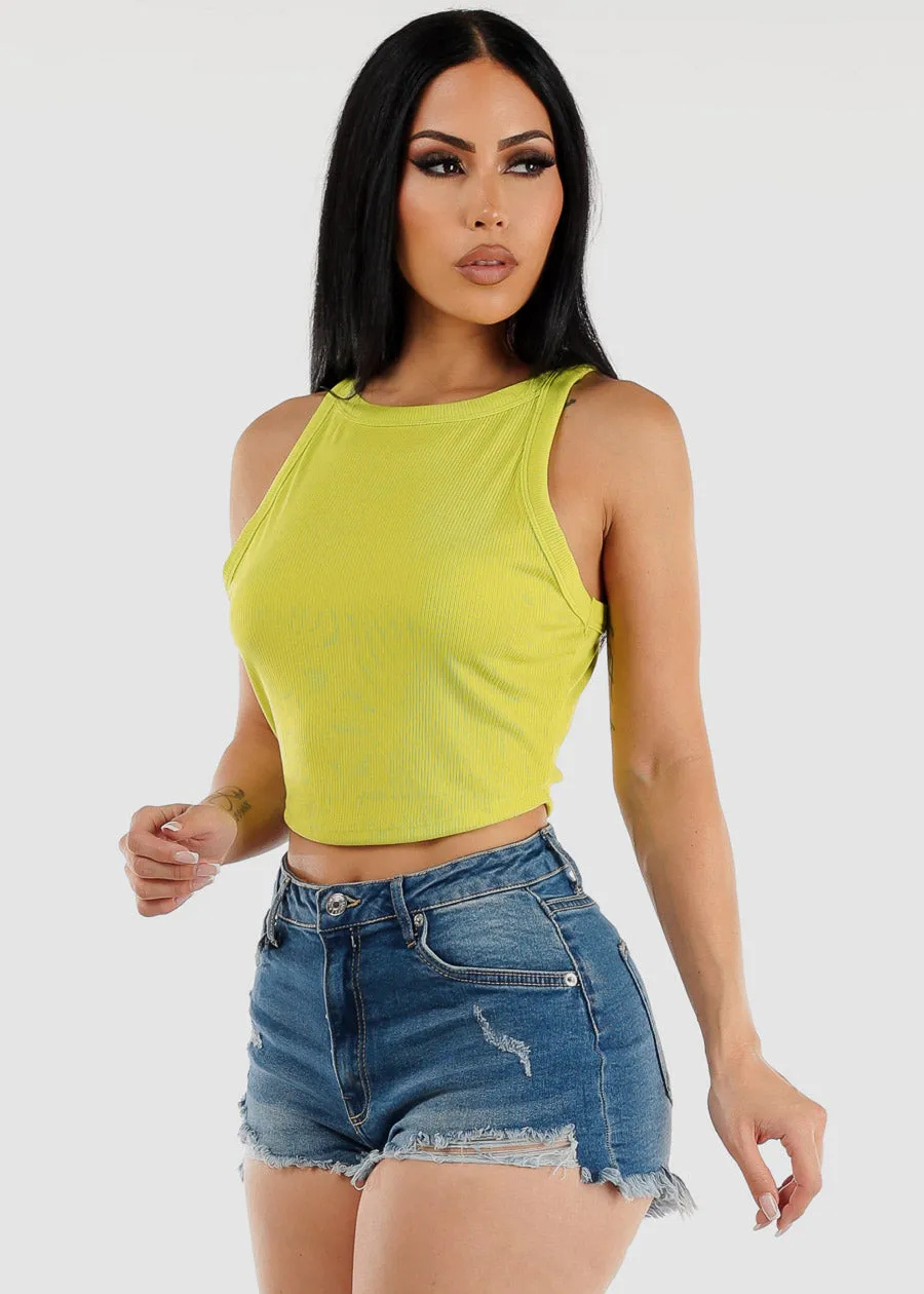 Sleeveless Crewneck Ribbed Crop Top Lime Green sold by Moda