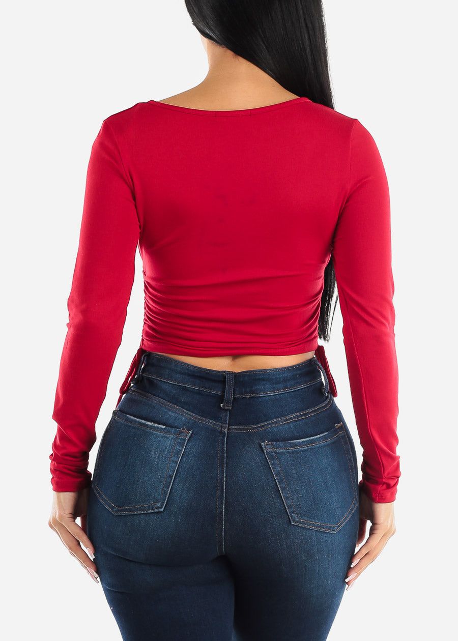 Long Sleeve Surplice Crop Top Red w Ruched Sides sold by Moda product image thumbnail 4